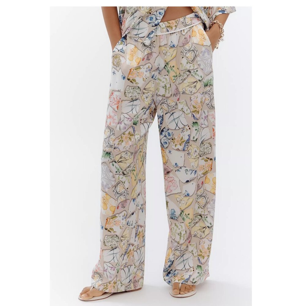 Anthropologie The Brooklin Printed Wide-Leg Pull-On Pants Ivory Pottery Print S